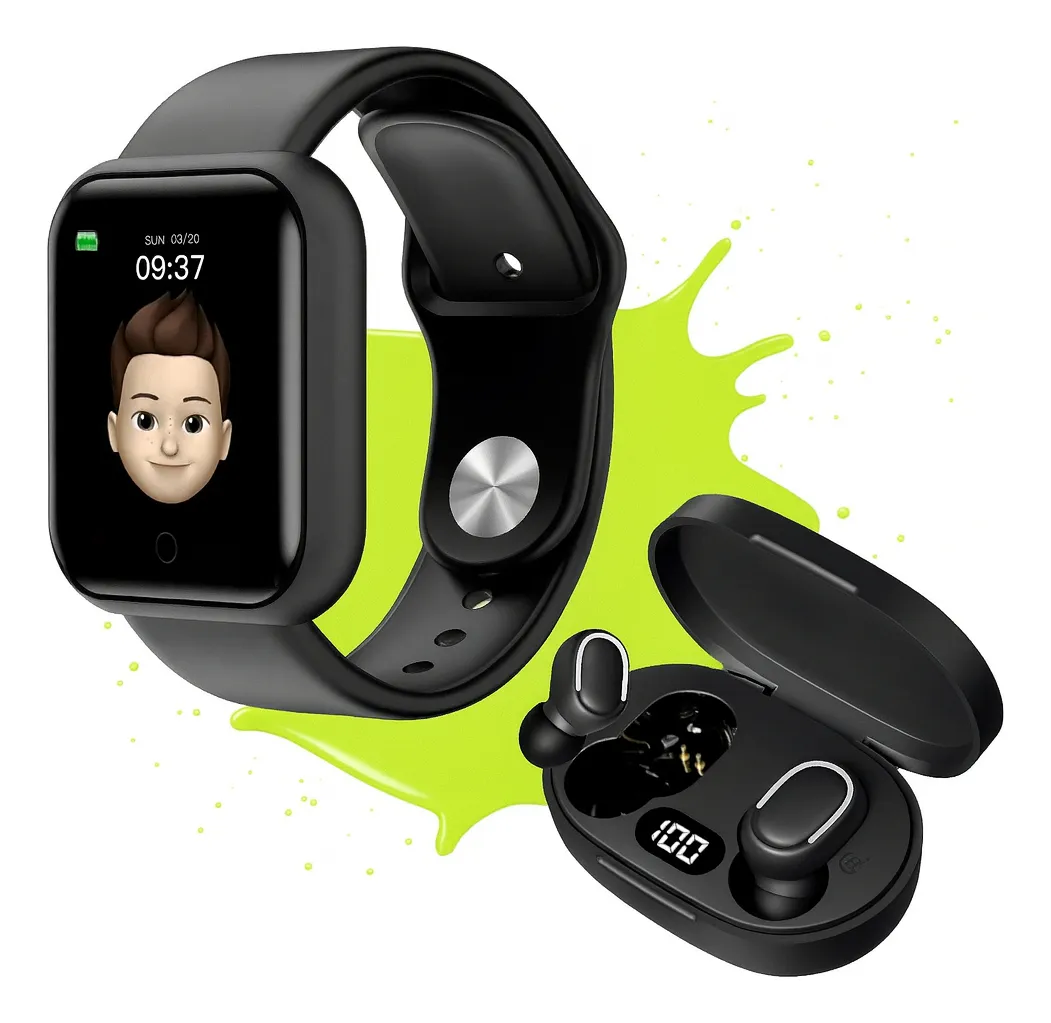 Relógio Smart Digital Masc / Fem + Fone S/fio Bluetooth Pulseira Preto Allphone
