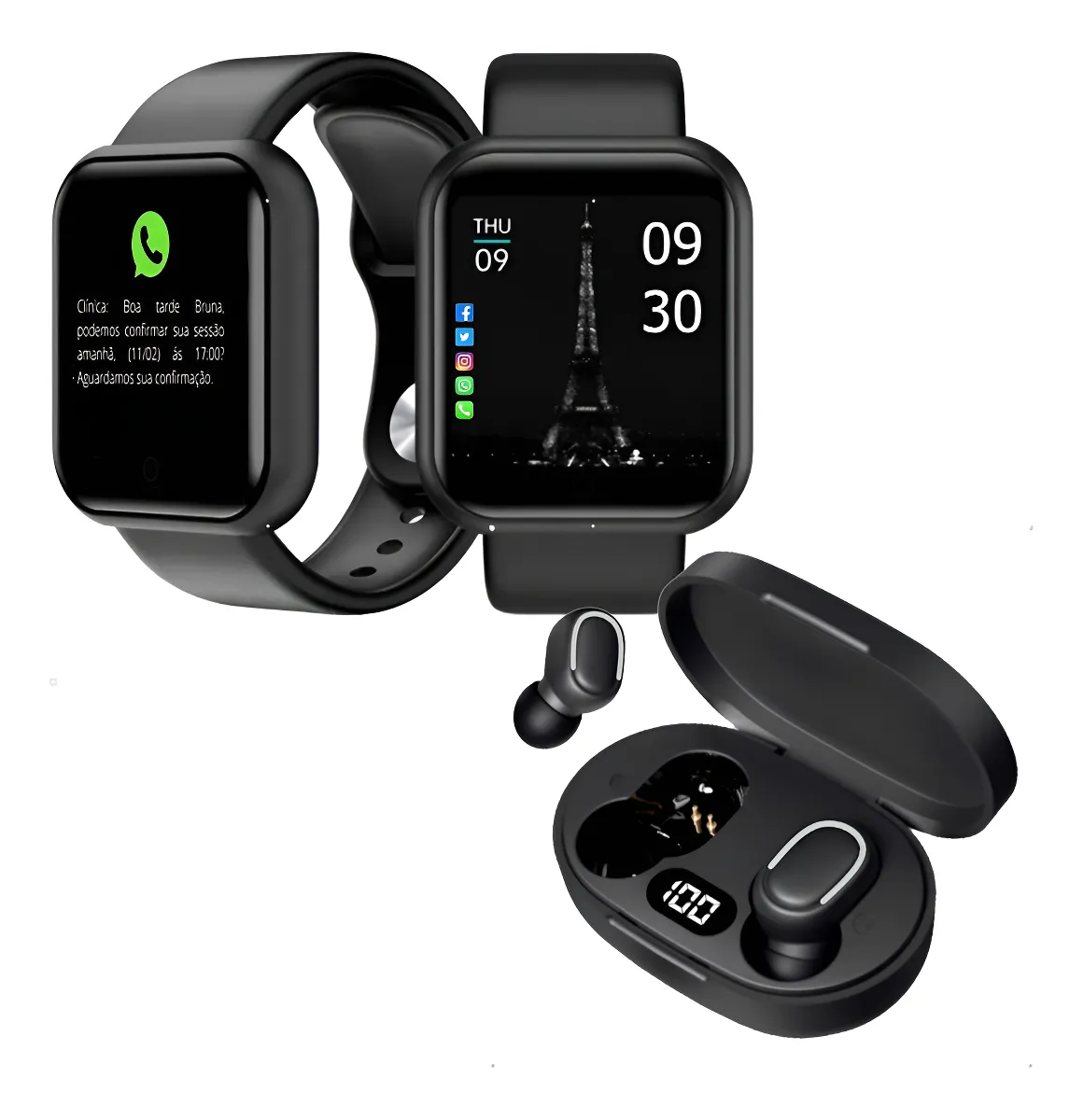 Relógio Smart Digital Masc / Fem + Fone S/fio Bluetooth Pulseira Preto Allphone - Imagem 2